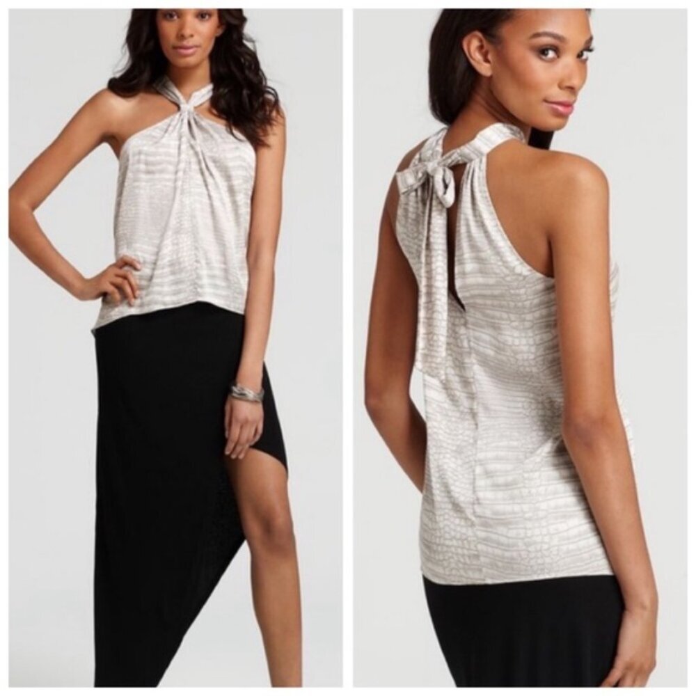 BCBGMaxAzaria NEW Helena Silky Flowy Neutral Back Tie Halter Top Snake Print M